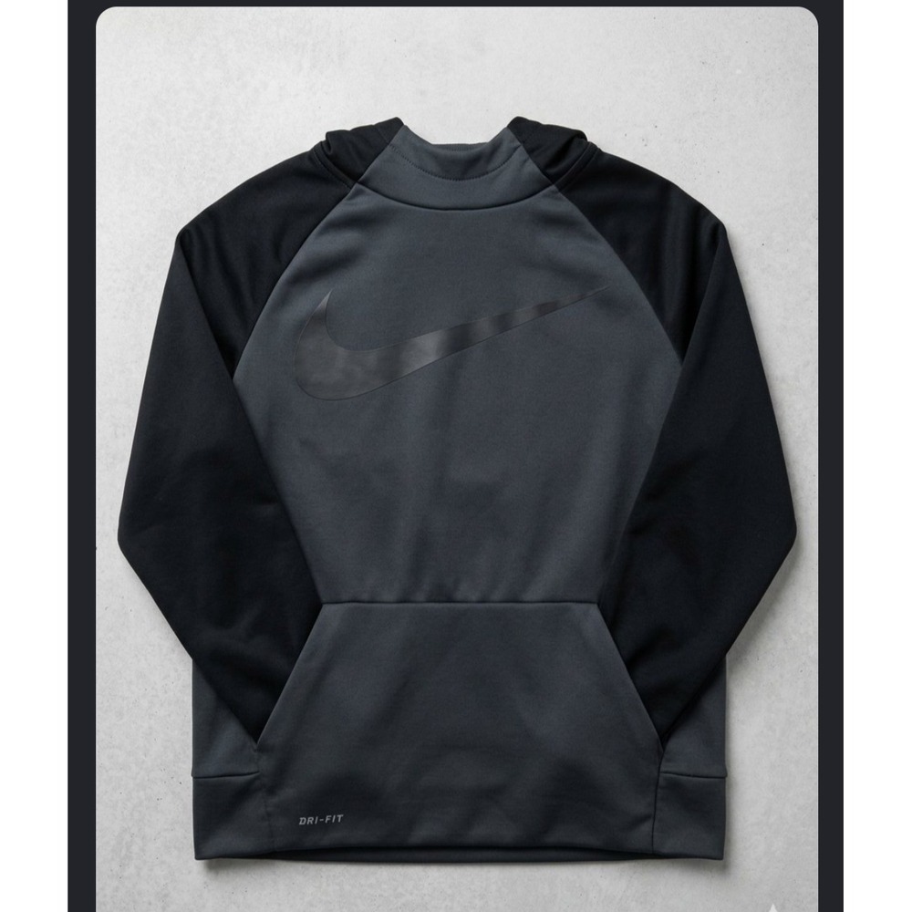 Nike Dri-FIT Hoodie Boys Large Gray Black Swoosh Pullover Sweatshirt L